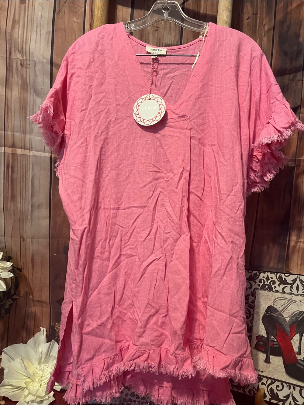 Umgee Pink Fringe Sleeve & Hem Tunic